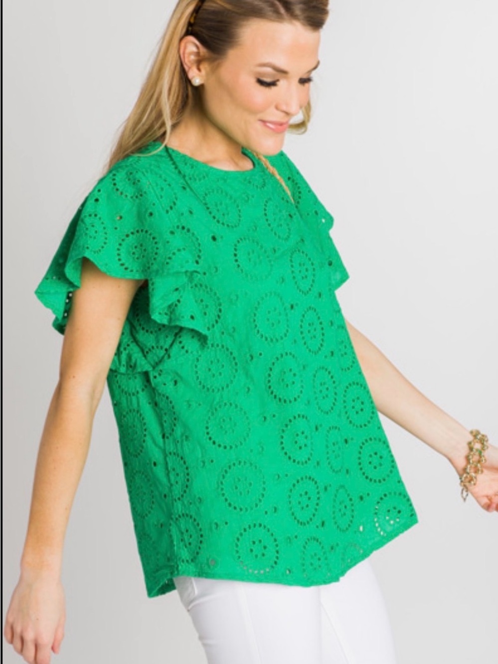 Eyelet Flutter Sleeve Top in Green